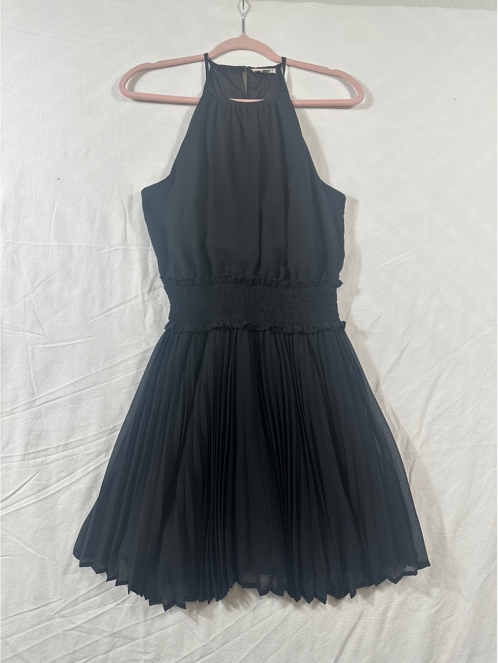 Main Strip black pleated halter dress